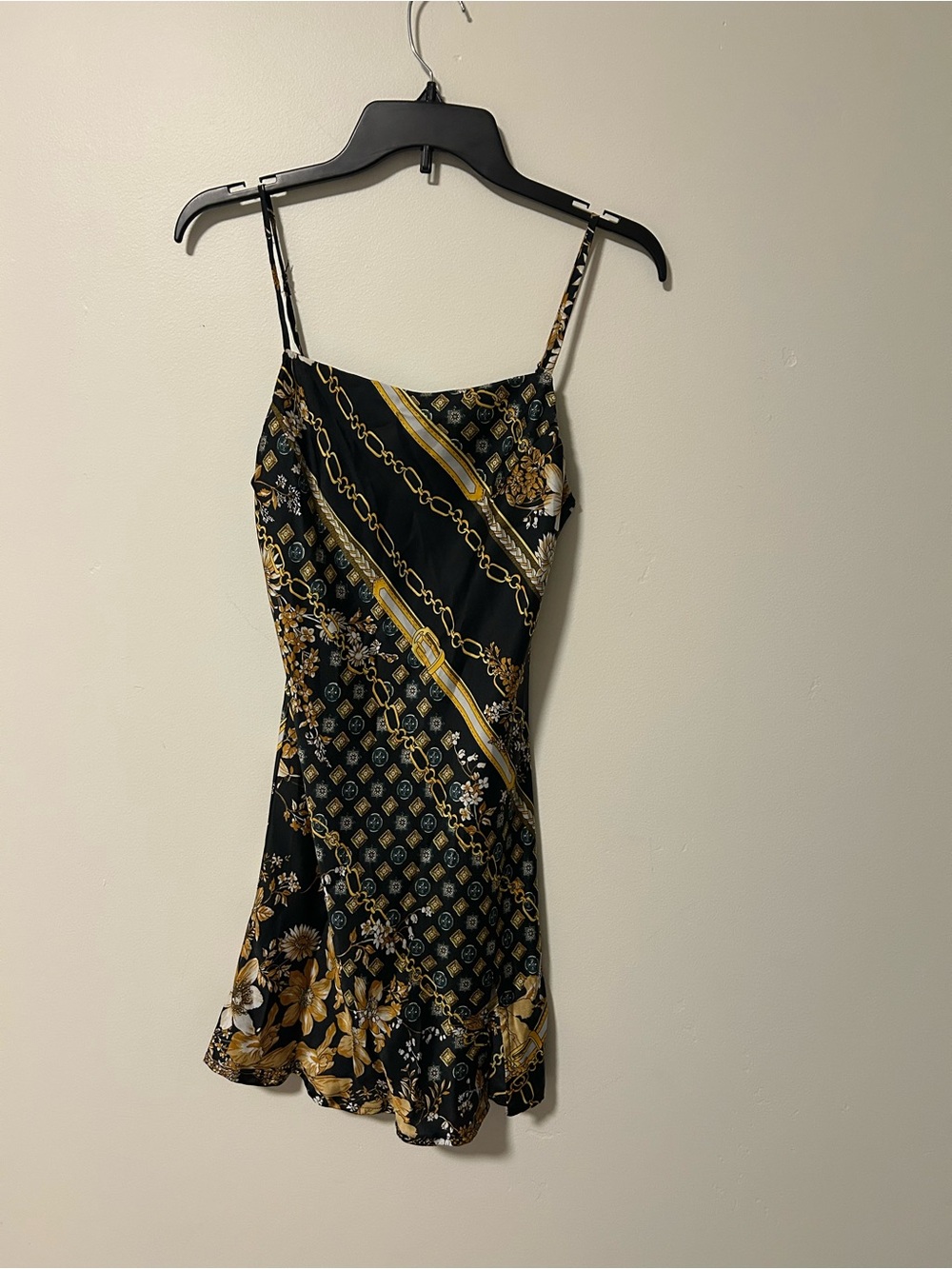 Princess Polly Black Slip Dress with Gold Floral & Chain Print